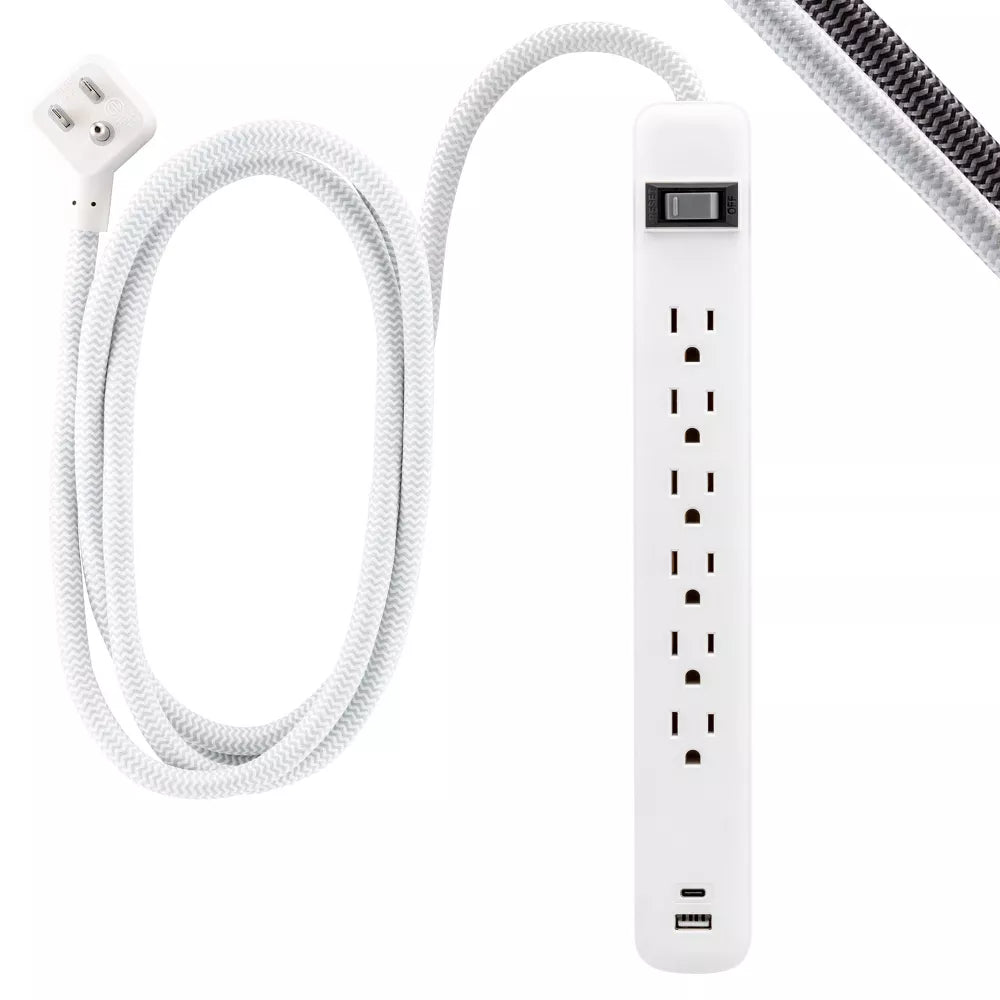 6-Outlet Power Strip with USB-A & USB-C Ports and 6ft Braided Flat Plug Cord