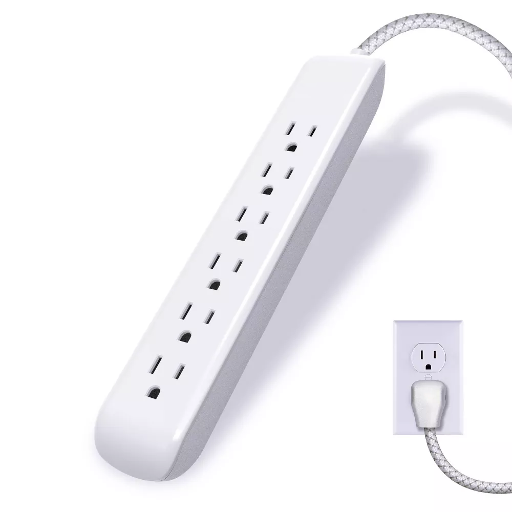 6-Outlet Surge Protected Power Strip with 6ft Braided Flat Plug Extension Cord