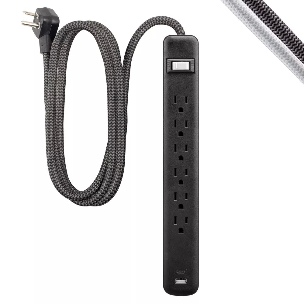 6-Outlet Power Strip with USB-A & USB-C Ports, 6ft Braided Power Cord